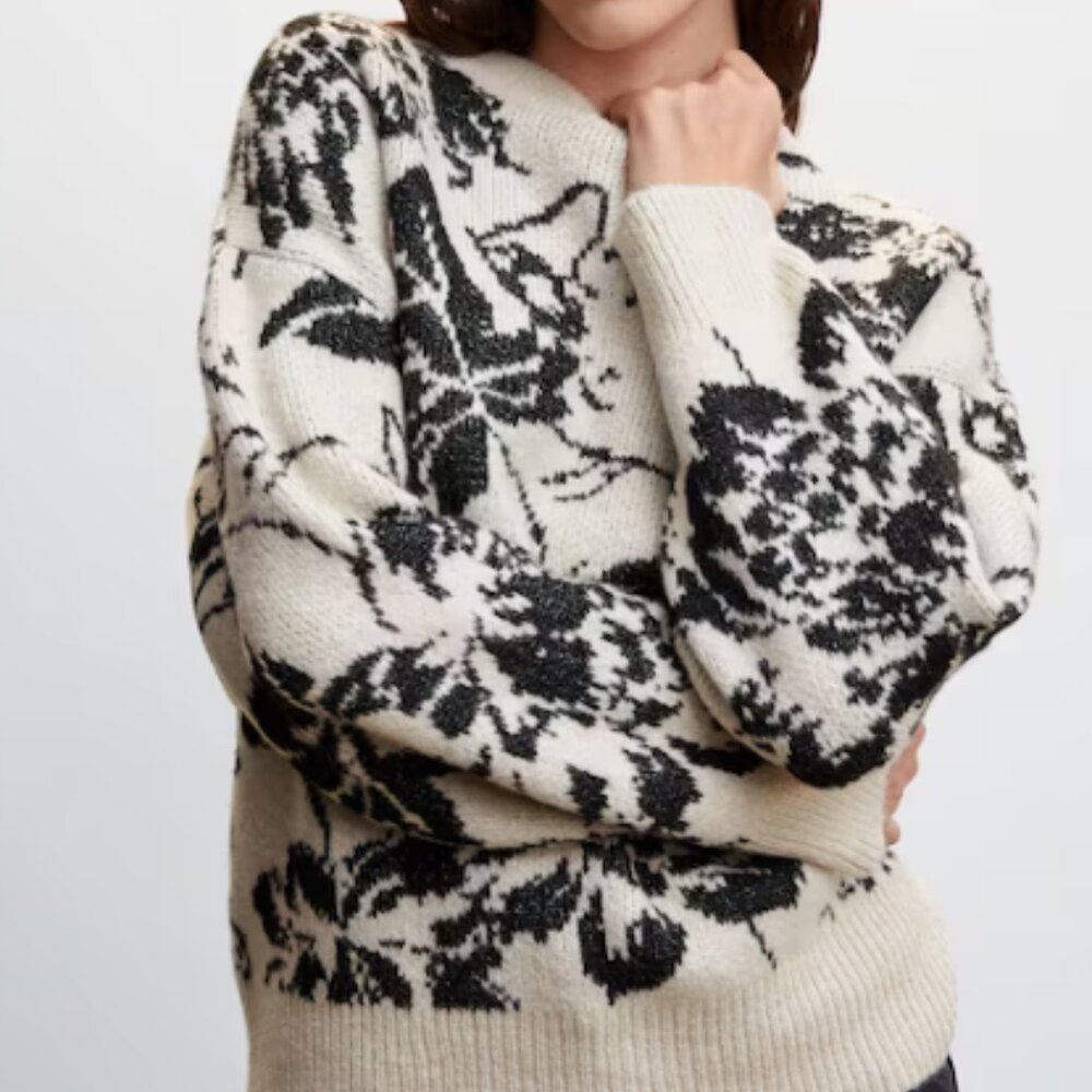 Mango Black and White Flowers Knit Sweater